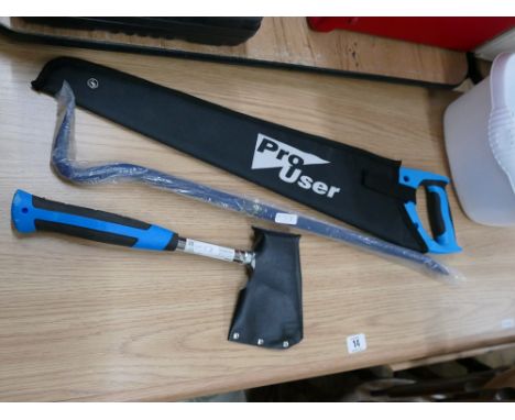New stay sharp hand saw, crowbar and an axe 