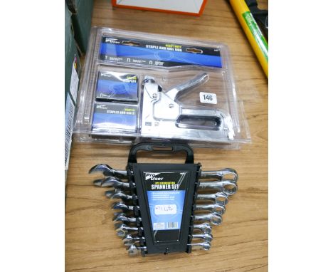Heavy duty stapler and nail gun with accessories and a new 8 piece combination spanner set
