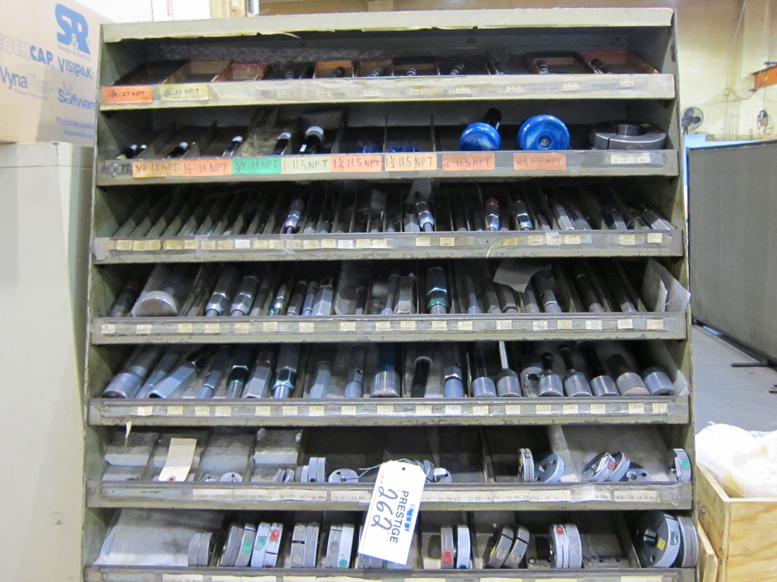 LOT ASSORTED RING GAGES, THREAD GAGES & PLUG GAGES WITH STORAGE RACK