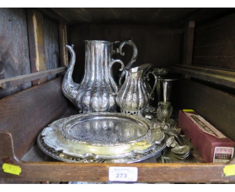 A collection of silver plate to include tea set, three waiters, etc