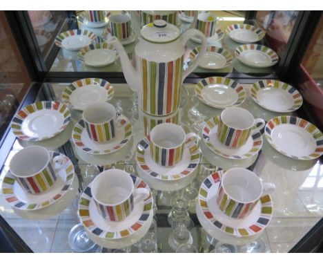 A Midwinter coffee service, with coloured bands, comprising coffee pot, six cups and eleven saucers