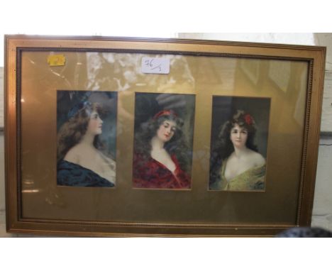 A. Postlethwaite Beach scene Watercolour, signed and dated 1918, 17c, x 37cm Three portrait postcards of ladies after A. Asti