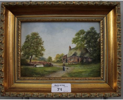 Richard Rhead Simm Figures outside cottages with ponds - a set of three Oil on board, signed 11cm x 16cm (3)