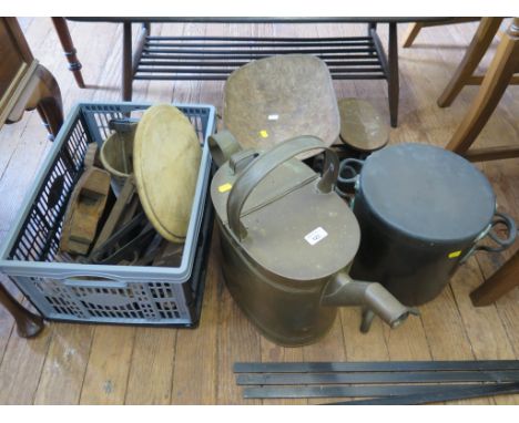 A copper pan with lid, brass handles and tap, a brass watering can, woodplanes, traps, scales and other collectables
