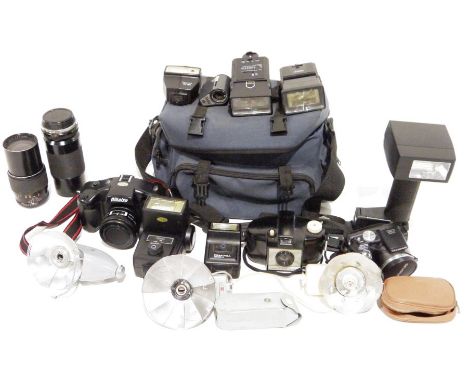 Quantity of vintage cameras and lenses&nbsp;to include examples by Sigma, Tamron, Kodak Brownie 127, Samsung, etc and various