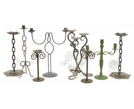 Pair of metal candlesticks&nbsp;with welded chain link stems and further metal candlesticks and candelabra (8)&nbsp;