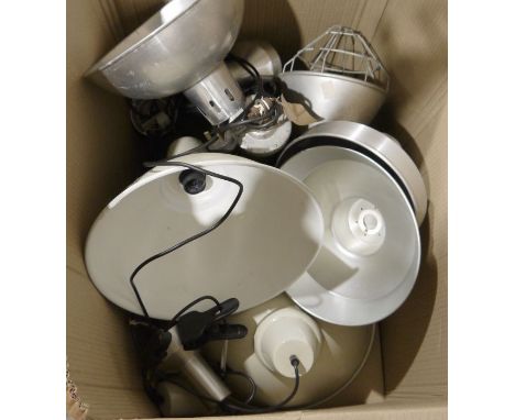 Quantity of industrial-style ceiling lights and work/desk lights&nbsp;with clamps, some enamelled, some bare aluminium, to in