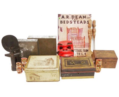 Small quantity of vintage metal tins, a wooden face mask, a carved African figure&nbsp;and assorted wooden items and metal si