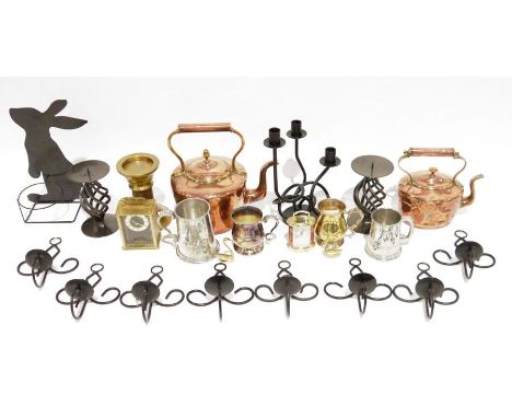 Two copper kettles, a vintage metal cash tin, a small quantity of coins&nbsp;and assorted metalware, wooden boxes, metal cand
