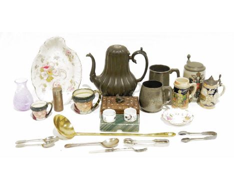 Small Caithness glass vase in purple colourway, a Royal Doulton character jug, a pewter teapot&nbsp;and further china and met