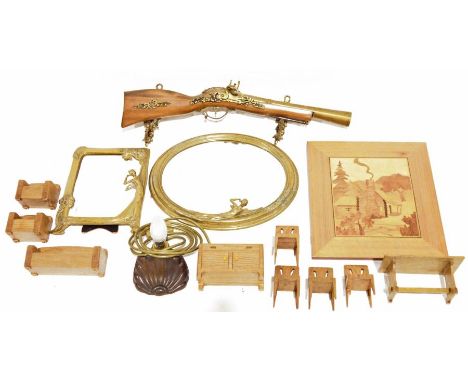 Cosmic 35 camera, a small quantity of wooden children's doll house furniture, a vintage leather satchel, assorted small woode