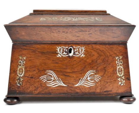 A 19th century rosewood sarcophagus twin-section tea caddy, with mother of pearl inlay, to bun feet. CONDITION REPORT various