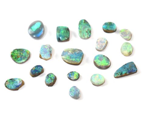 Approximately eighteen polished opal segments of various shapes and sizes, the predominant colours being greens and blues. CO