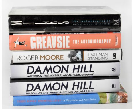 Six signed autobiographies comprising two Damon Hill, Jimmy Greaves, Roger Moore, Terry Jones and Miles Davis (6). CONDITION 