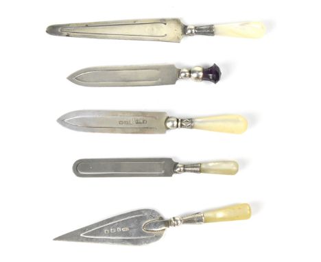 Five hallmarked silver bookmarks, four with mother of pearl handles, on in the form of a trowel, and one with a purple hardst