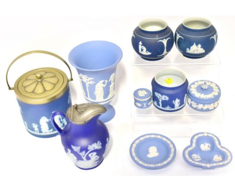 Various items of Wedgwood jasper ware to include a biscuit barrel with plated handle, rim and lid, a campana-style trumpet va