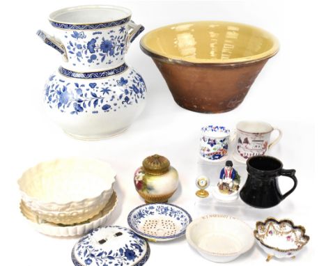 Various items of collectible pottery including a large terracotta mixing bowl with cream glazed interior, a large Bell Potter