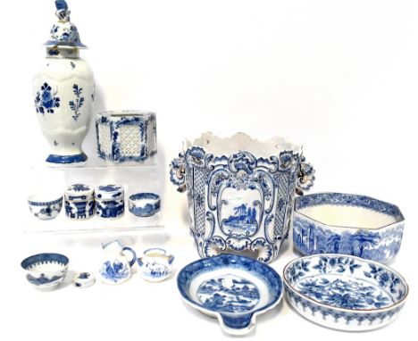 A quantity of blue and white ceramics to include a Delft square planter with panel decoration of windmills and Dutch scenes, 