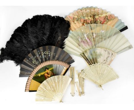 An early 20th century black ostrich feather fan, with simulated tortoiseshell sticks, length 47cm, in original box for 'J Duv