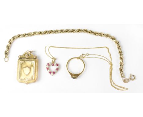 Various items of gold jewellery to include a 9ct gold rope twist bracelet, length 20cm, a 9ct gold locket in the form of a sh