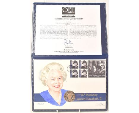 WESTMINSTER MINT; the Queen Elizabeth II hand painted gold coin first day cover, limited edition no.57/75, the 2001 Guernsey 