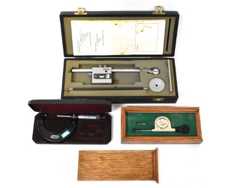 The L S Starrett Co Ltd metal framed micrometer, an L S Starrett Co Ltd Tachometer in wooden case and a cased Allbrit by W.F.