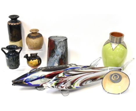 Various ceramic and glass collectibles to include two large multi-coloured art glass model fish, longest 60cm, various items 