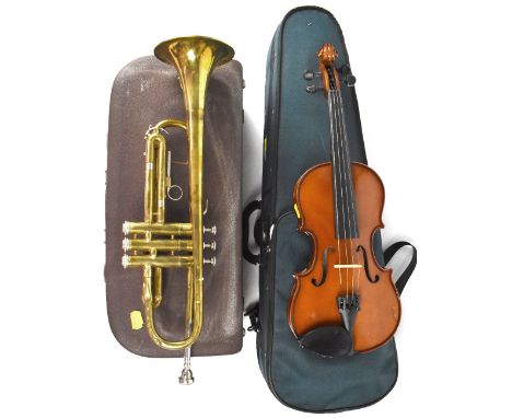 A Meedody Maker foreign brass student trumpet and mouthpiece in travel case, and a cased Sentor student violin and bow (2).