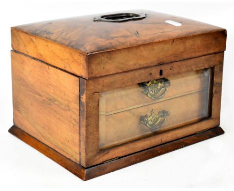 A 19th century walnut jewellery/sewing box, with brass carrying handle to the top, lift-out compartment with satin lined inte