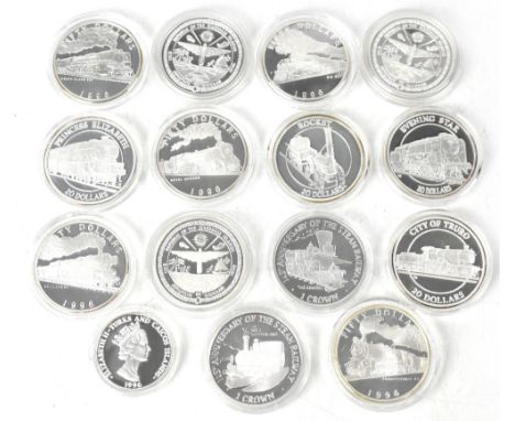 WESTMINSTER MINT; fifteen railway related proof silver coins to include $20 commemorating 'The Rocket', one crown 'Anniversar