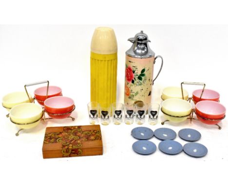 A group of vintage items to include a boxed set of six Bohemian stemware claret glasses, a large plastic hot and cold water c