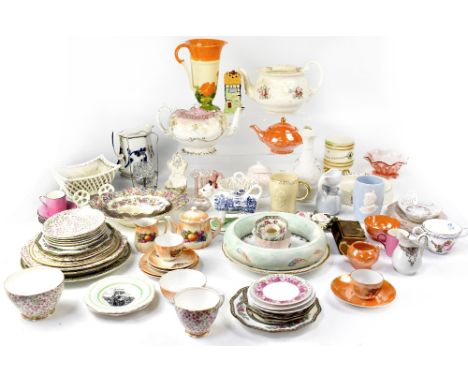 A quantity of mainly late 19th/early 20th century ceramics to include Staffordshire month plates, various teapots, a Myott &a