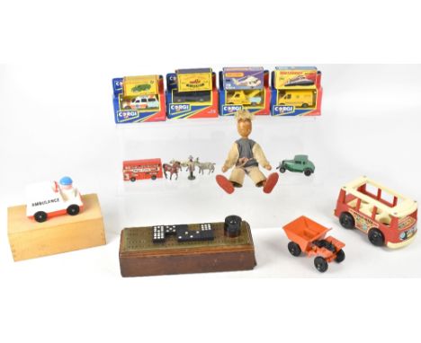 A quantity of toys to include boxed Corgi and Matchbox type diecast vehicle, together with some loose including Dinky Austin 