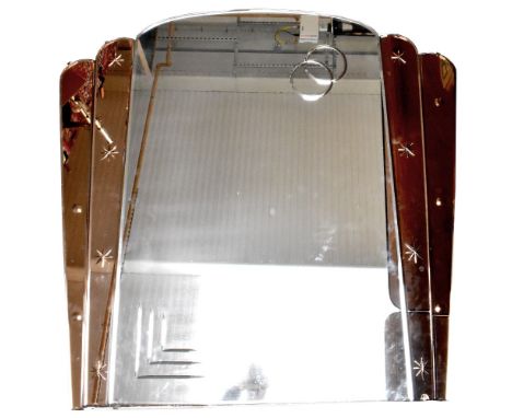 An Art Deco peach and clear glass mirror with fan top, 92 x 96cm, together with a mid-20th century tabletop mirror with geome