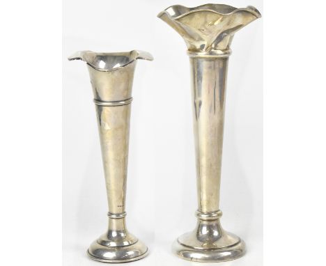 Two Walker &amp; Hall hallmarked silver trumpet form specimen vases, the larger with flared rim, dated Sheffield 1950, height