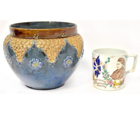 ROYAL DOULTON LAMBETH POTTERY; an early 20th century Chiné ware jardinière with brown glazed rim, with interspersed groups of