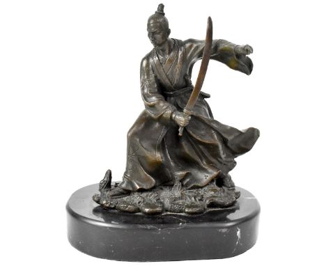 KAMIKO; a small bronze sculpture of a Samurai warrior mounted on an oval marble plinth, height 19cm, stamped to the reverse '