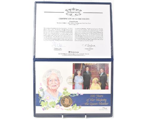 WESTMINSTER MINT; the Queen Mother's 100th birthday hand painted £5 gold coin cover, limited edition no.100/100, with encapsu