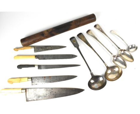 Various late Victorian/early Edwardian professional chefs' knives, some with bone handles, serving spoons, ladles and wooden 