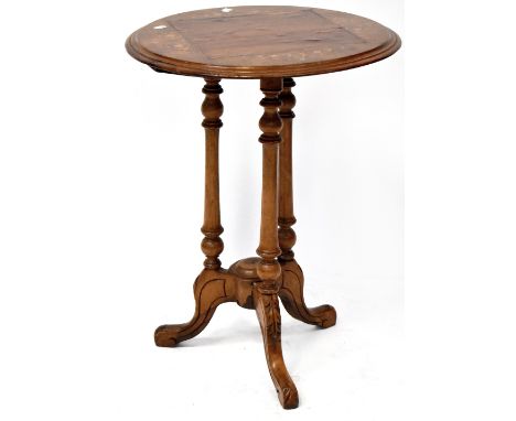 A reproduction circular inlaid burr walnut occasional table with central rectangular panel to the top, raised on three turned