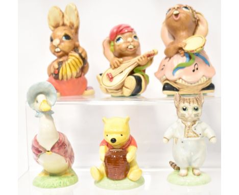 Two Beswick gold backstamp figures, 'Jemima Puddleduck' and 'Tom Kitten', a Royal Doulton 'Winnie-the-Pooh and Honey Pot' fro