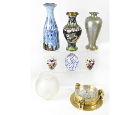 A small mixed lot of collectors' items to include a cloisonné baluster vase, a reproduction quartz brass wall-mounted ship's 