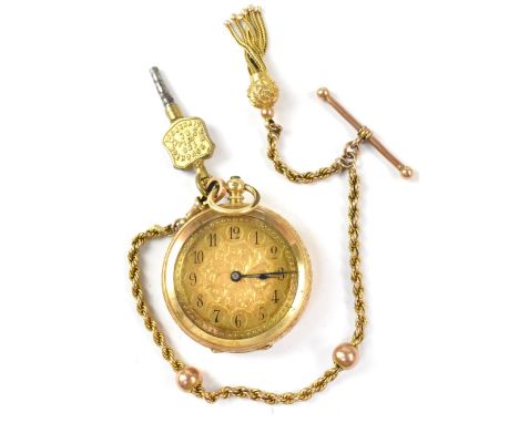 A ladies' 18ct gold fob watch, the dial set with Arabic numerals on an engine turned ground, the case with engraved scrolls s