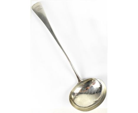 A hallmarked silver soup ladle inscribed to the top 'J. Cummings Buxton Hall', Solomon Hougham, London 1800, approx 4.9ozt.