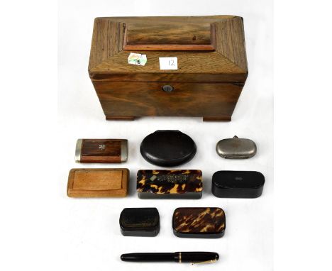 A 19th century sarcophagus tea caddy, lacking interior sections and containers, height 14cm and a collection of eight 19th ce