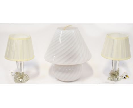 A retro Italian style one-piece opaque white glass lamp and shade with frosted and opaque wrythen decoration, blown from one 