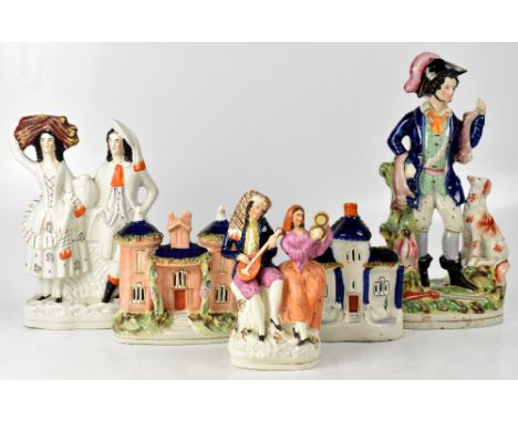 A group of five late 19th/early 20th century Staffordshire figures to include poacher with rabbits, gun and gun dog, a couple