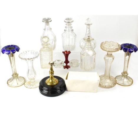 A large quantity of antique and modern glassware to include a pair of lustres with blue enamel and gilt folded over tops on f