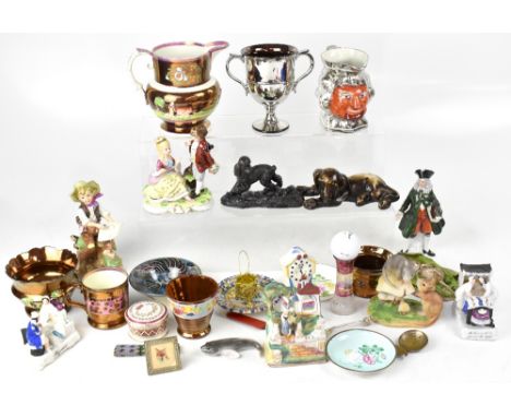 A collection of various ceramics and other items to include a late 19th Sunderland lustre ware jug with raised horse decorati
