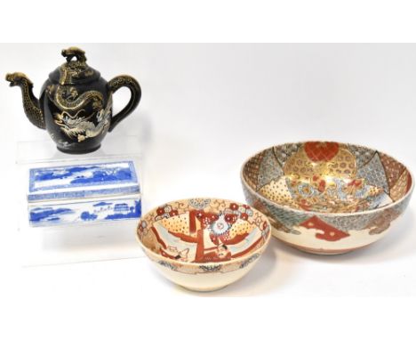 Various Oriental ceramics to include a late 19th century large Japanese Satsuma bowl decorated with central panel of four Sam